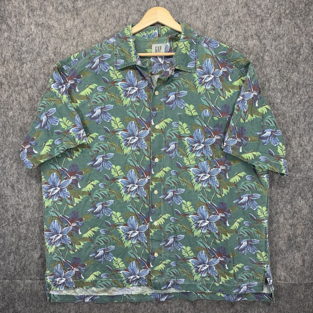 Vintage GAP Loop Collar Hawaiian Aloha Shirt Men's XL Linen Blend Floral Green - Picture 2 of 7